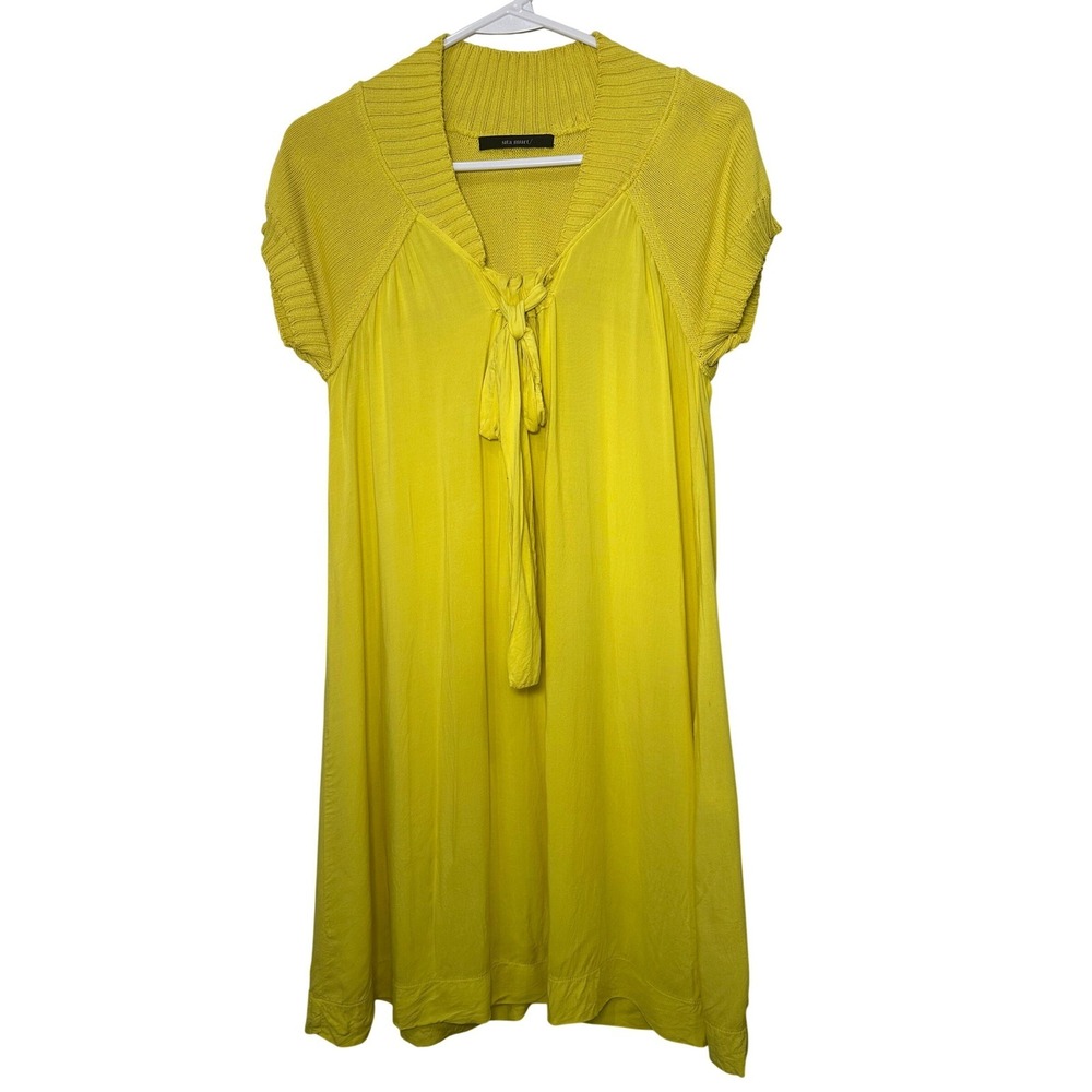 Sita Murt Chartreuse Yellow Mixed Media Knit Viscose‎ Tie Neck Dress Spain 42